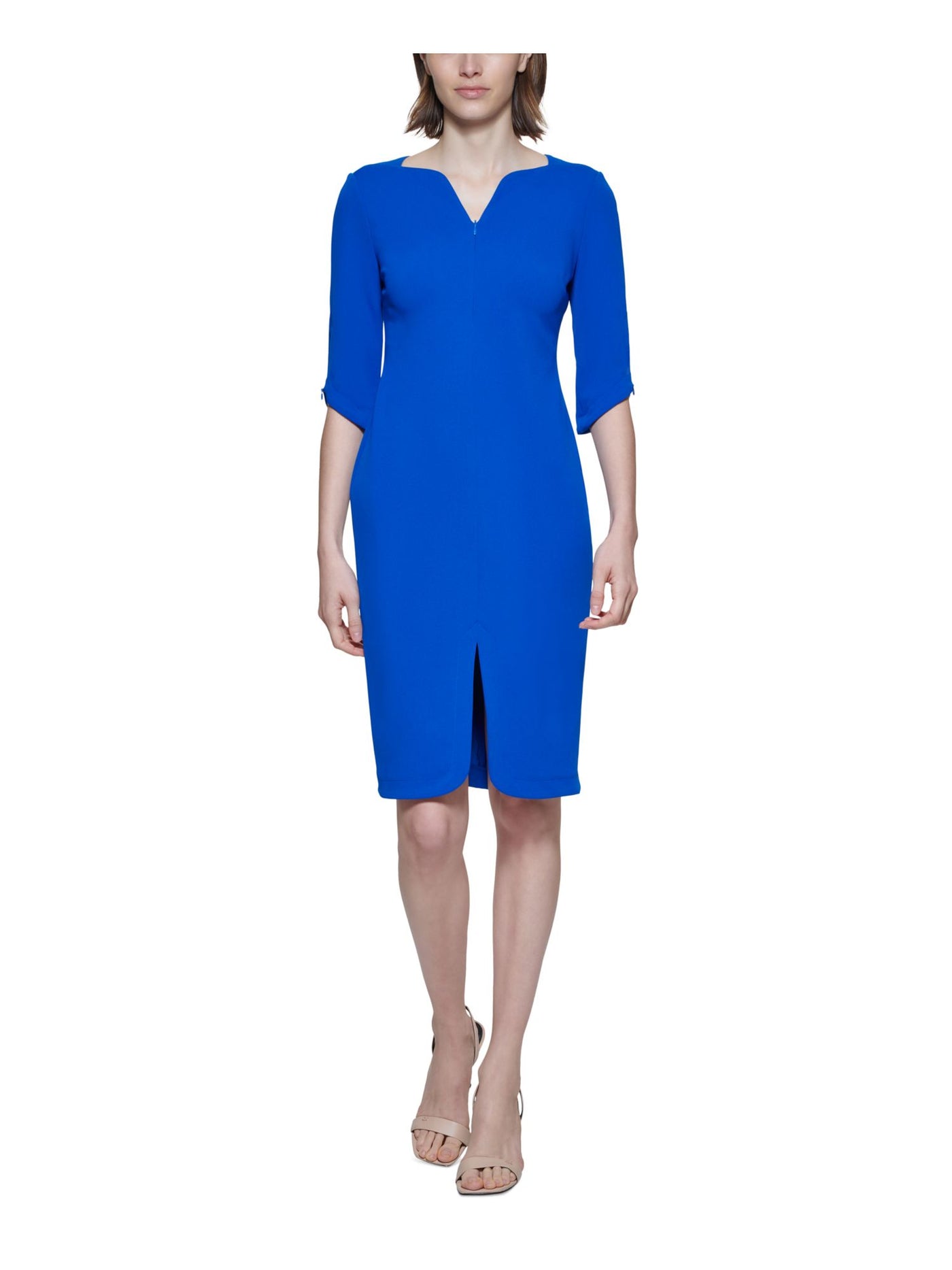 CALVIN KLEIN Womens Blue Zippered Textured 3/4 Sleeve V Neck Midi Wear To Work Sheath Dress 10