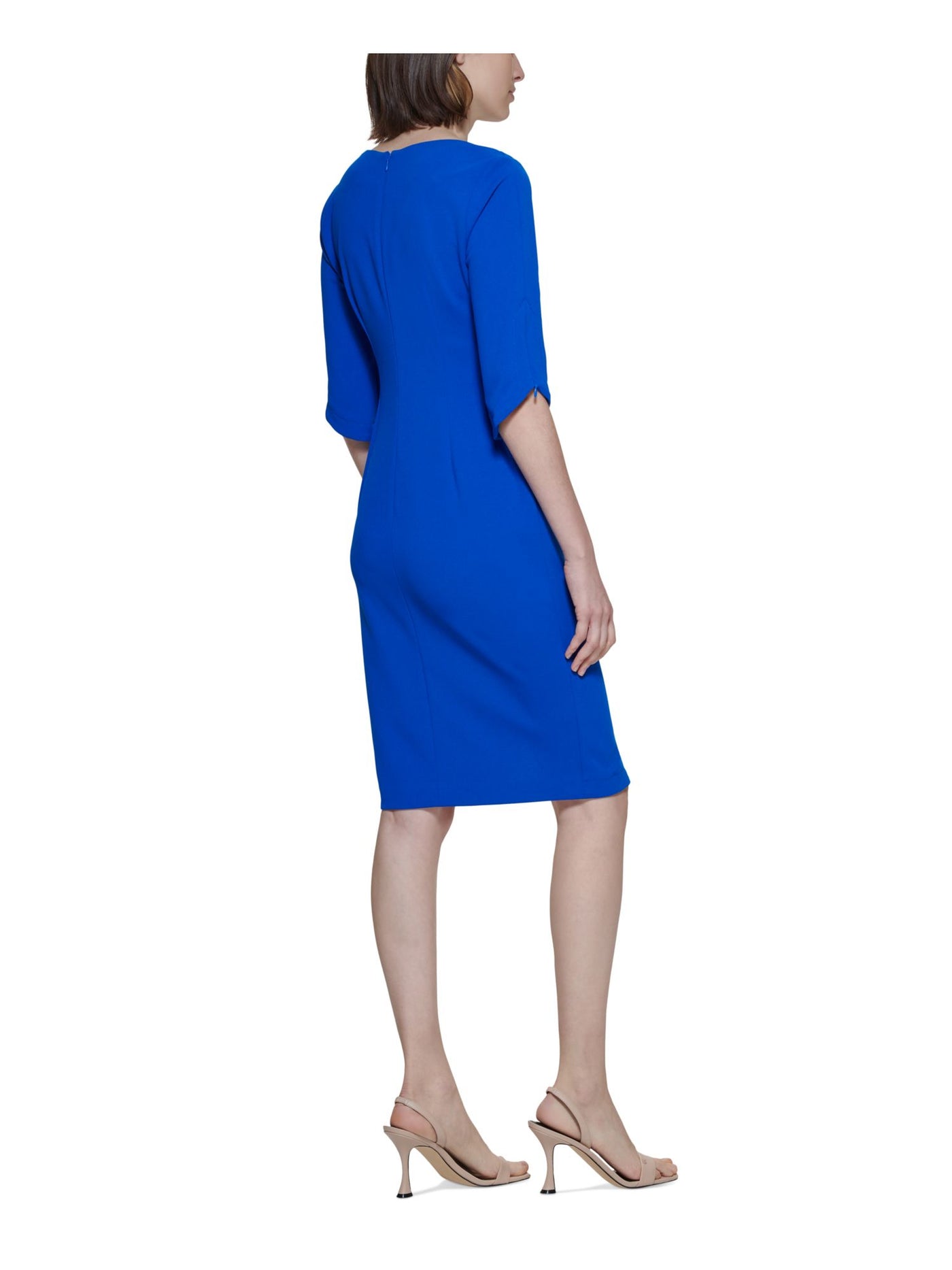 CALVIN KLEIN Womens Blue Zippered Textured 3/4 Sleeve V Neck Midi Wear To Work Sheath Dress 2