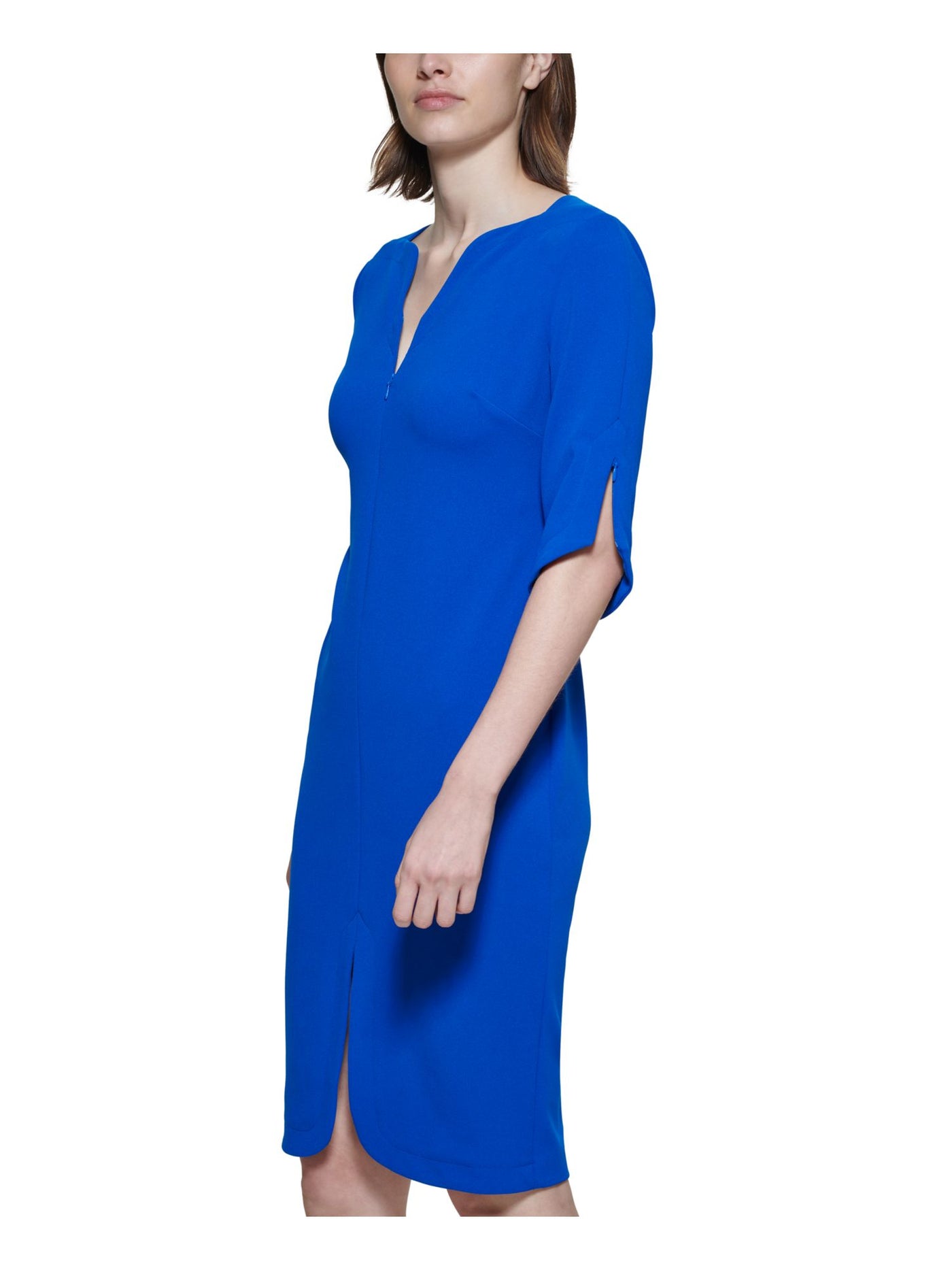 CALVIN KLEIN Womens Blue Zippered Textured 3/4 Sleeve V Neck Midi Wear To Work Sheath Dress 2