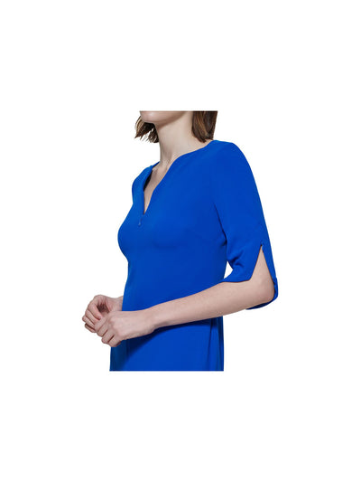 CALVIN KLEIN Womens Blue Zippered Textured 3/4 Sleeve V Neck Midi Wear To Work Sheath Dress 10