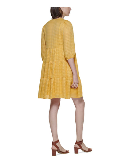 CALVIN KLEIN Womens Yellow Sheer Metallic Tie Faux-wrap Styling Tiered 3/4 Sleeve V Neck Above The Knee A-Line Dress 6