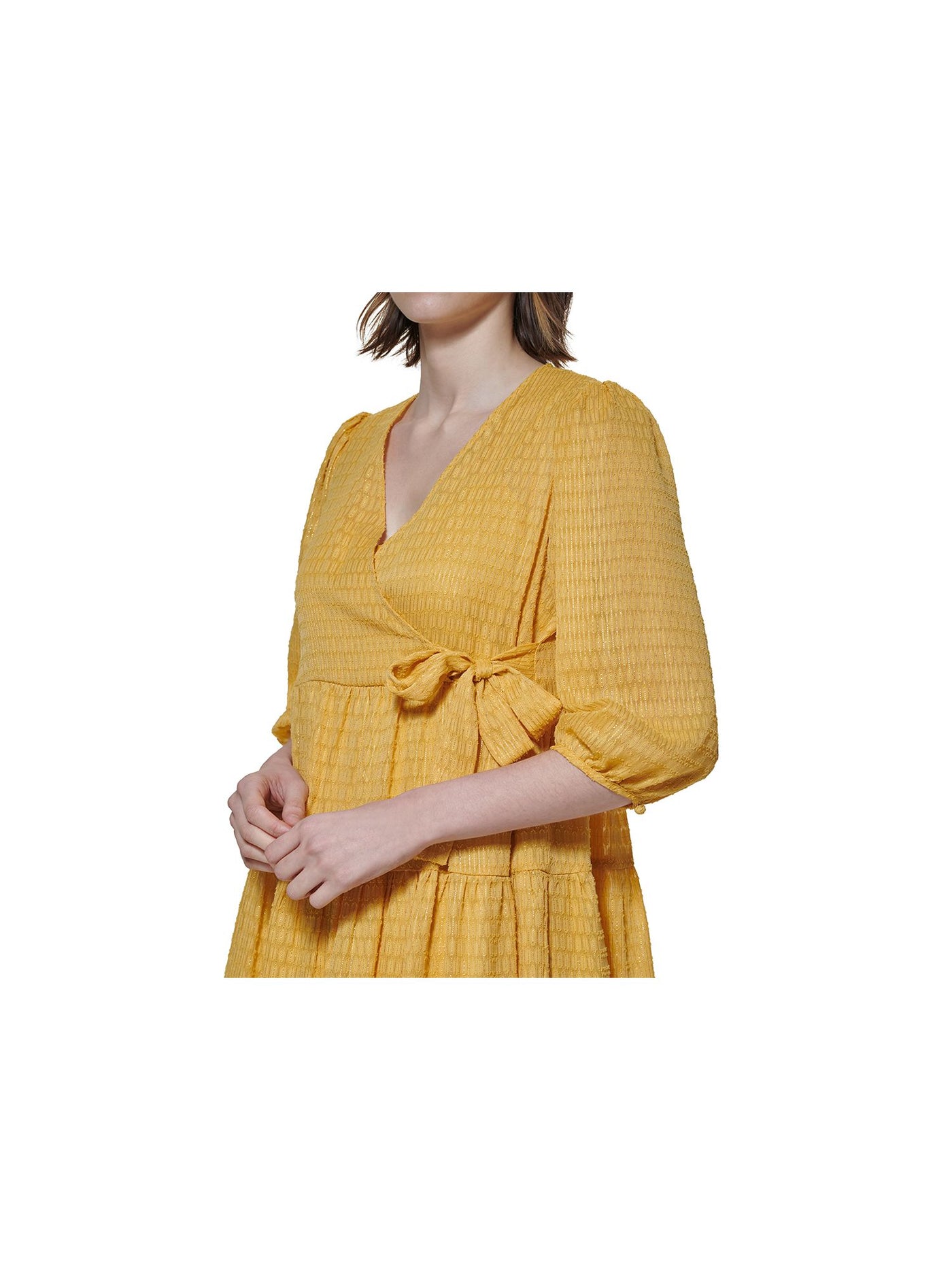 CALVIN KLEIN Womens Yellow Sheer Metallic Tie Faux-wrap Styling Tiered 3/4 Sleeve V Neck Above The Knee A-Line Dress 6