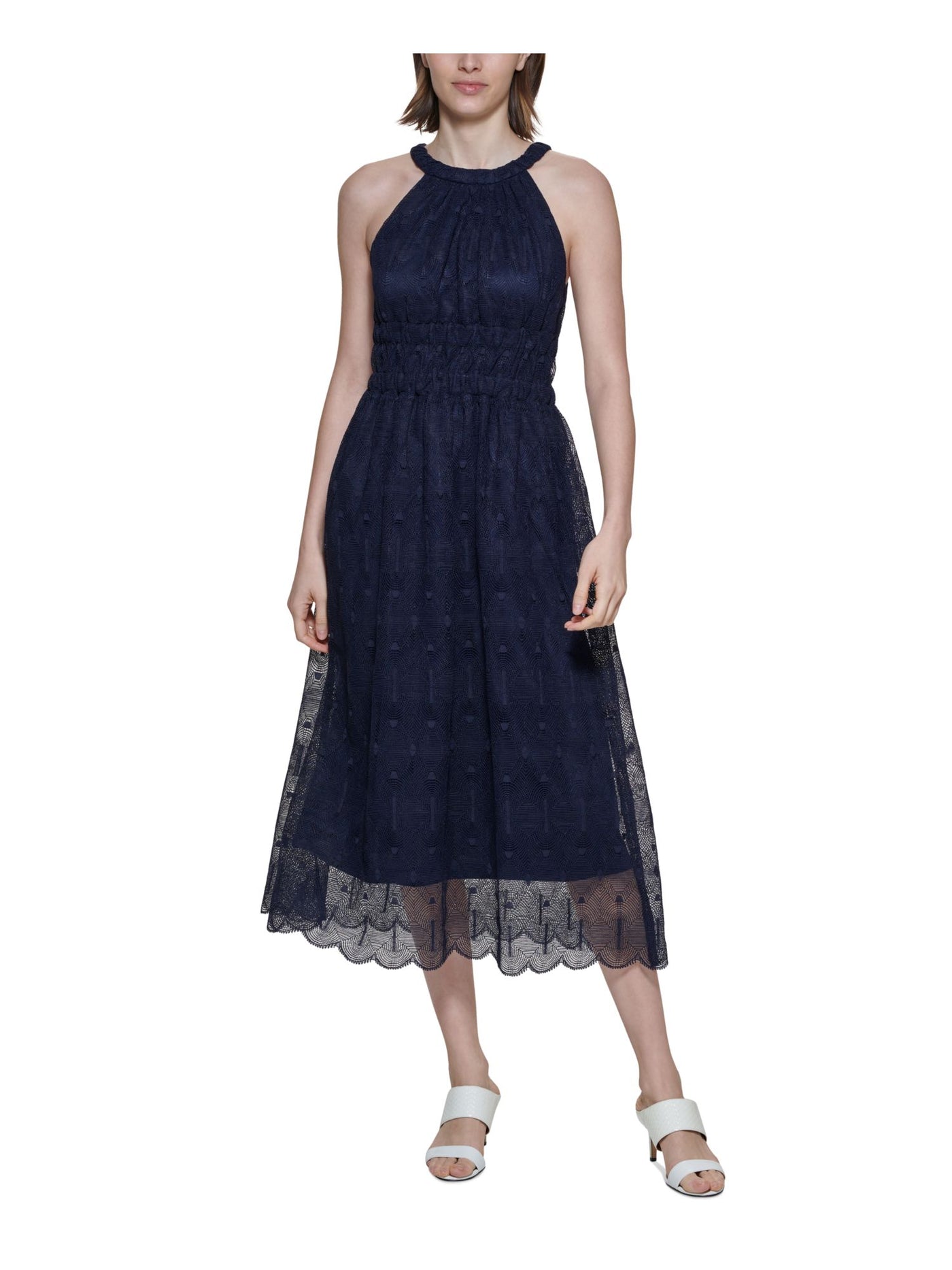 CALVIN KLEIN Womens Navy Zippered Textured Lace Lined Smocked Scalloped Sleeveless Halter Tea-Length Fit + Flare Dress 8