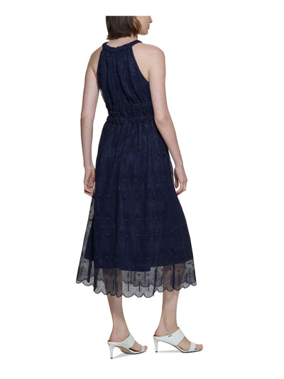 CALVIN KLEIN Womens Navy Zippered Textured Lace Lined Smocked Scalloped Sleeveless Halter Tea-Length Fit + Flare Dress 4
