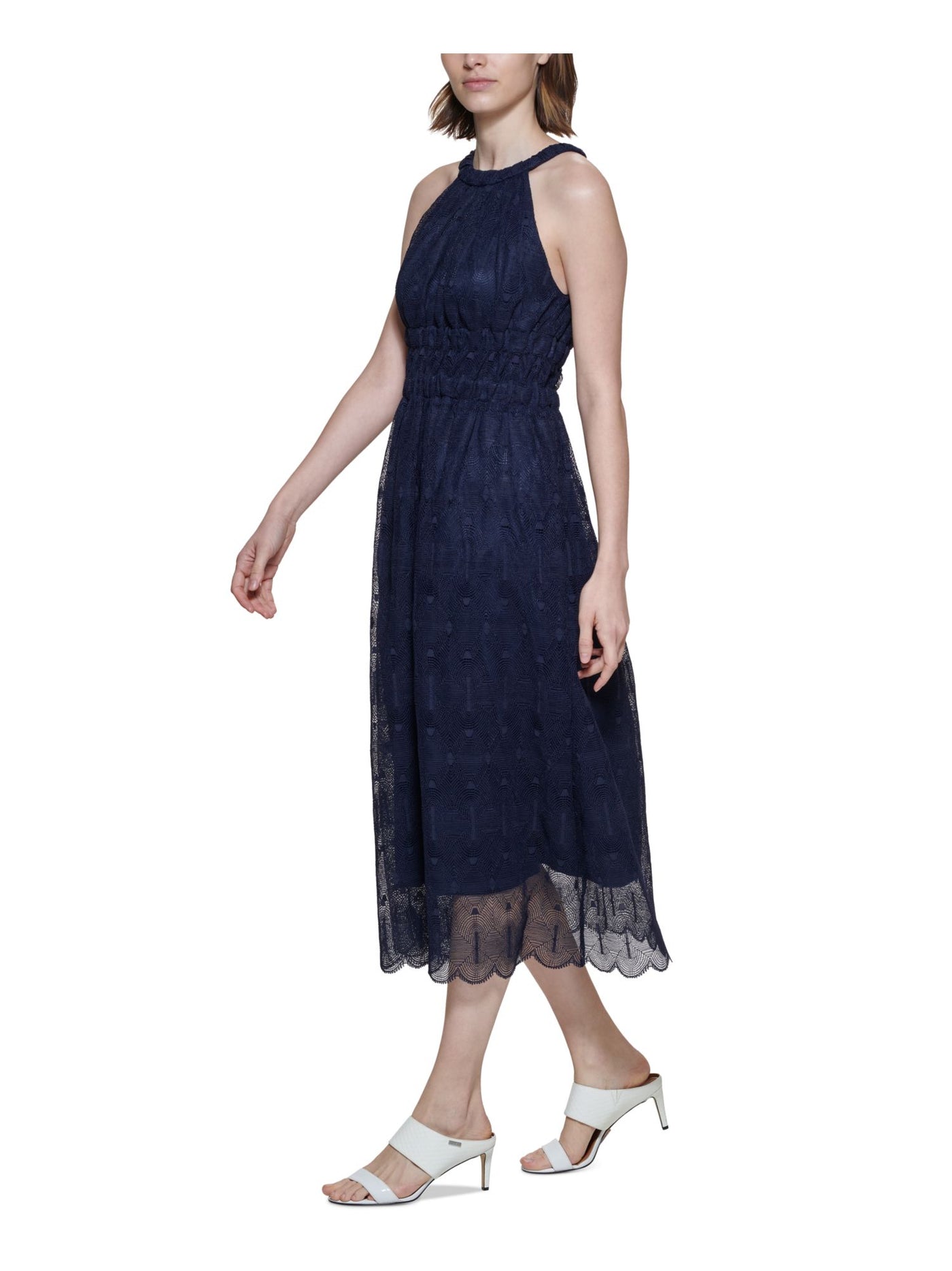 CALVIN KLEIN Womens Navy Zippered Textured Lace Lined Smocked Scalloped Sleeveless Halter Tea-Length Fit + Flare Dress 8