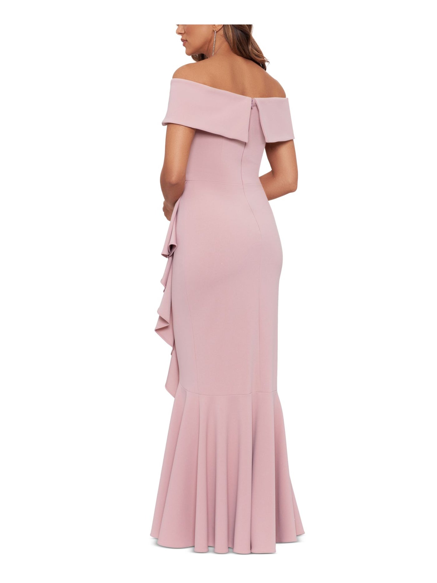 BETSY & ADAM Womens Pink Zippered Lined Cascade-ruffle Gown Short Sleeve Off Shoulder Full-Length Formal Mermaid Dress 4