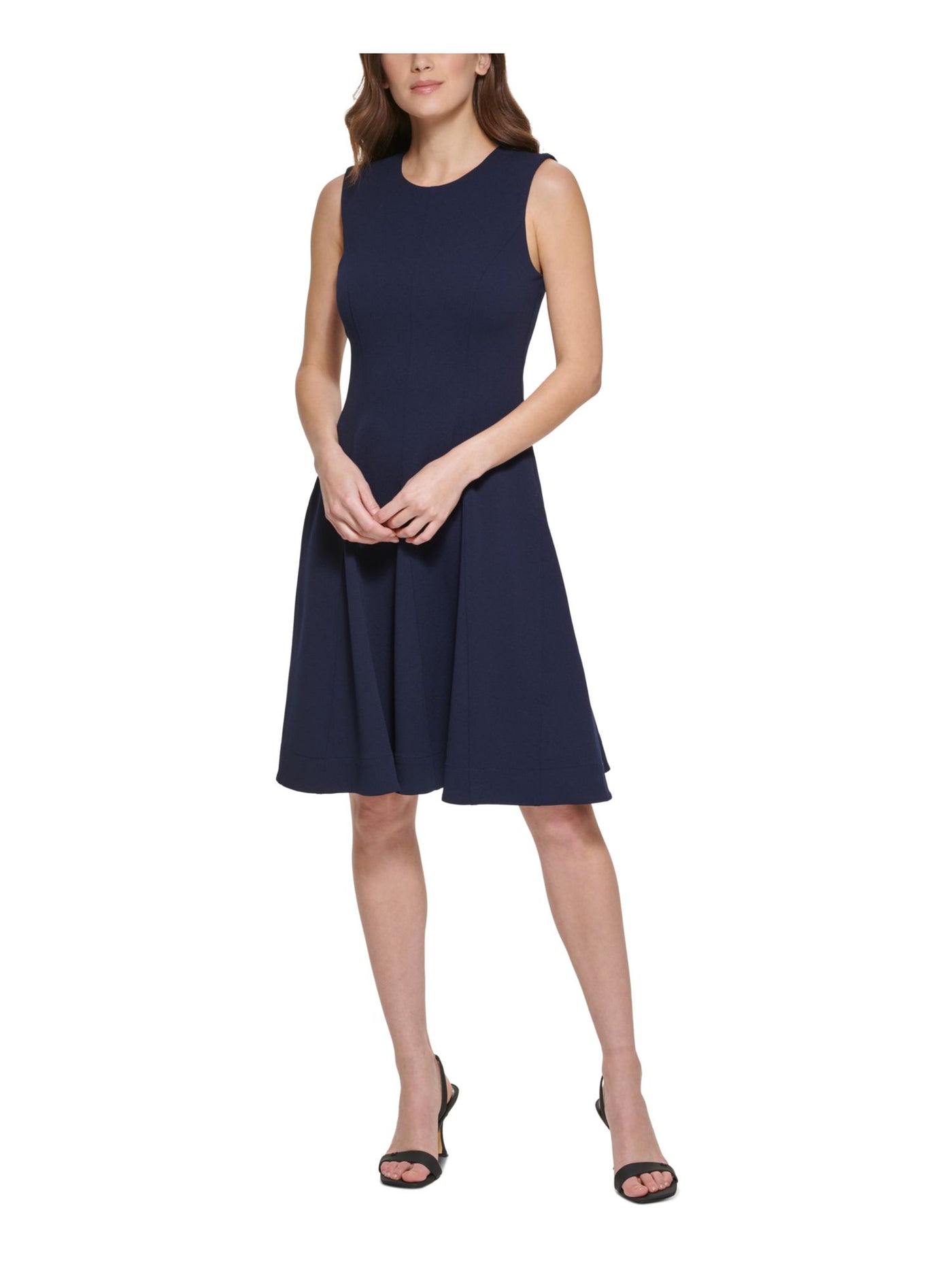 CALVIN KLEIN Womens Navy Zippered Textured Sleeveless Jewel Neck Above The Knee Wear To Work Fit + Flare Dress 2