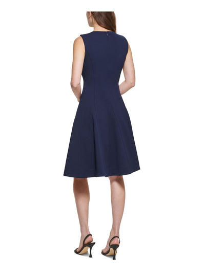 CALVIN KLEIN Womens Navy Zippered Textured Sleeveless Jewel Neck Above The Knee Wear To Work Fit + Flare Dress 12