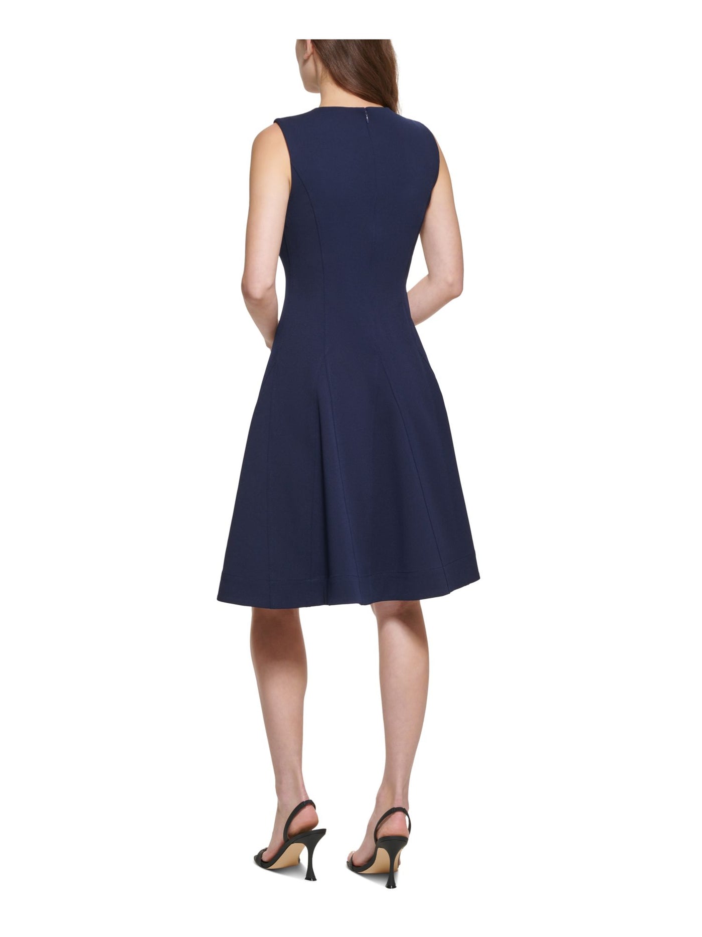 CALVIN KLEIN Womens Navy Zippered Textured Sleeveless Jewel Neck Above The Knee Wear To Work Fit + Flare Dress 6