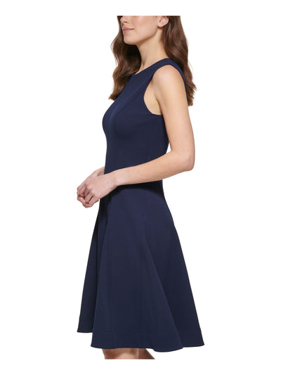 CALVIN KLEIN Womens Navy Zippered Textured Sleeveless Jewel Neck Above The Knee Wear To Work Fit + Flare Dress 6