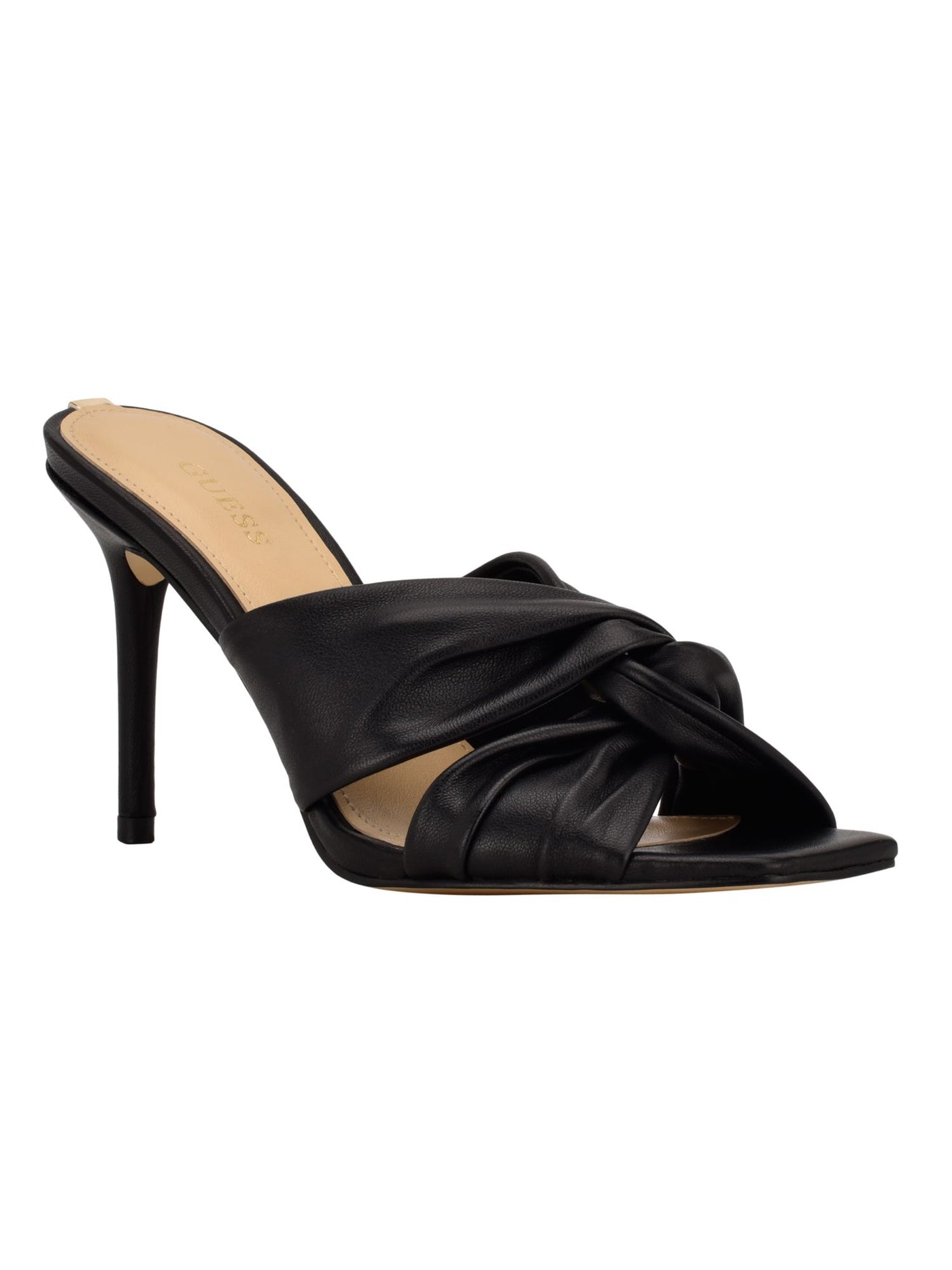 GUESS Womens Black Twisted Strap Metallic Logo Cushioned Daiva Square Toe Stiletto Slip On Leather Heeled Sandal 10 M