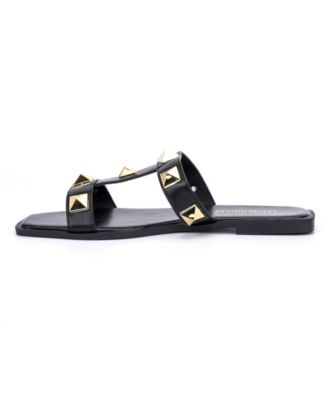 OLIVIA MILLER Womens Black Embellished Zoey Square Toe Slip On Sandals Shoes