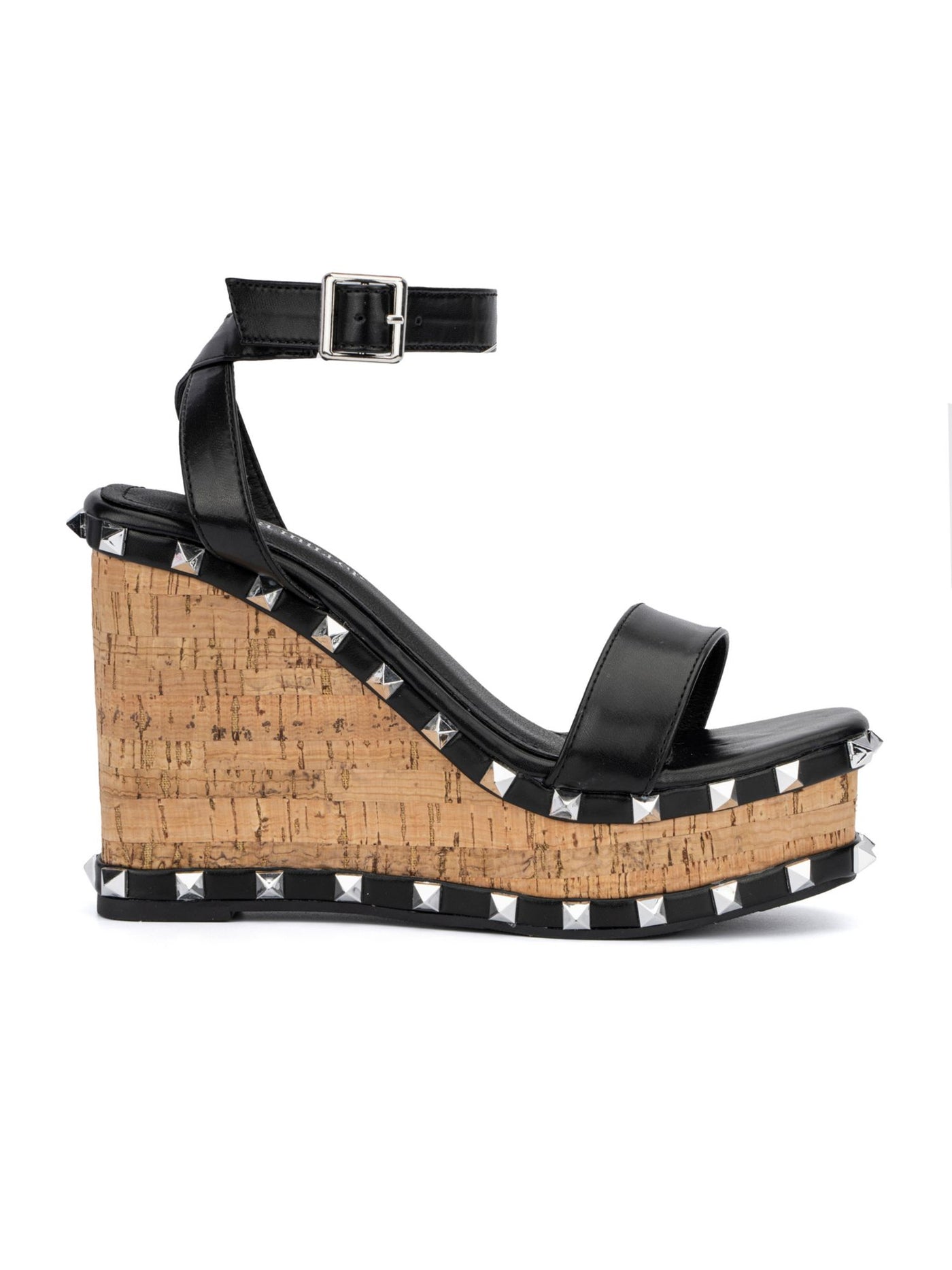 OLIVIA MILLER Womens Black Studded Adjustable Talani Square Toe Wedge Buckle Heeled Sandal 8