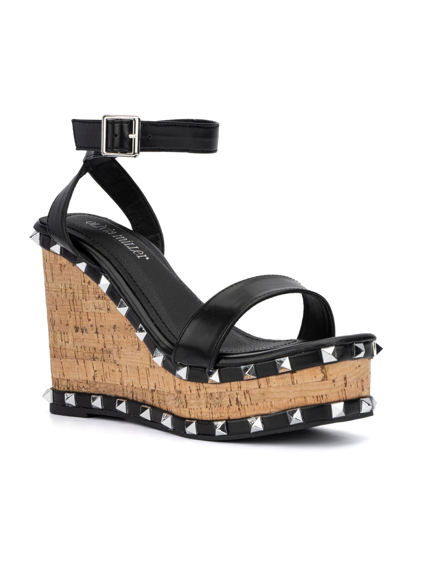 OLIVIA MILLER Womens Black Studded Adjustable Talani Square Toe Wedge Buckle Heeled Sandal 8