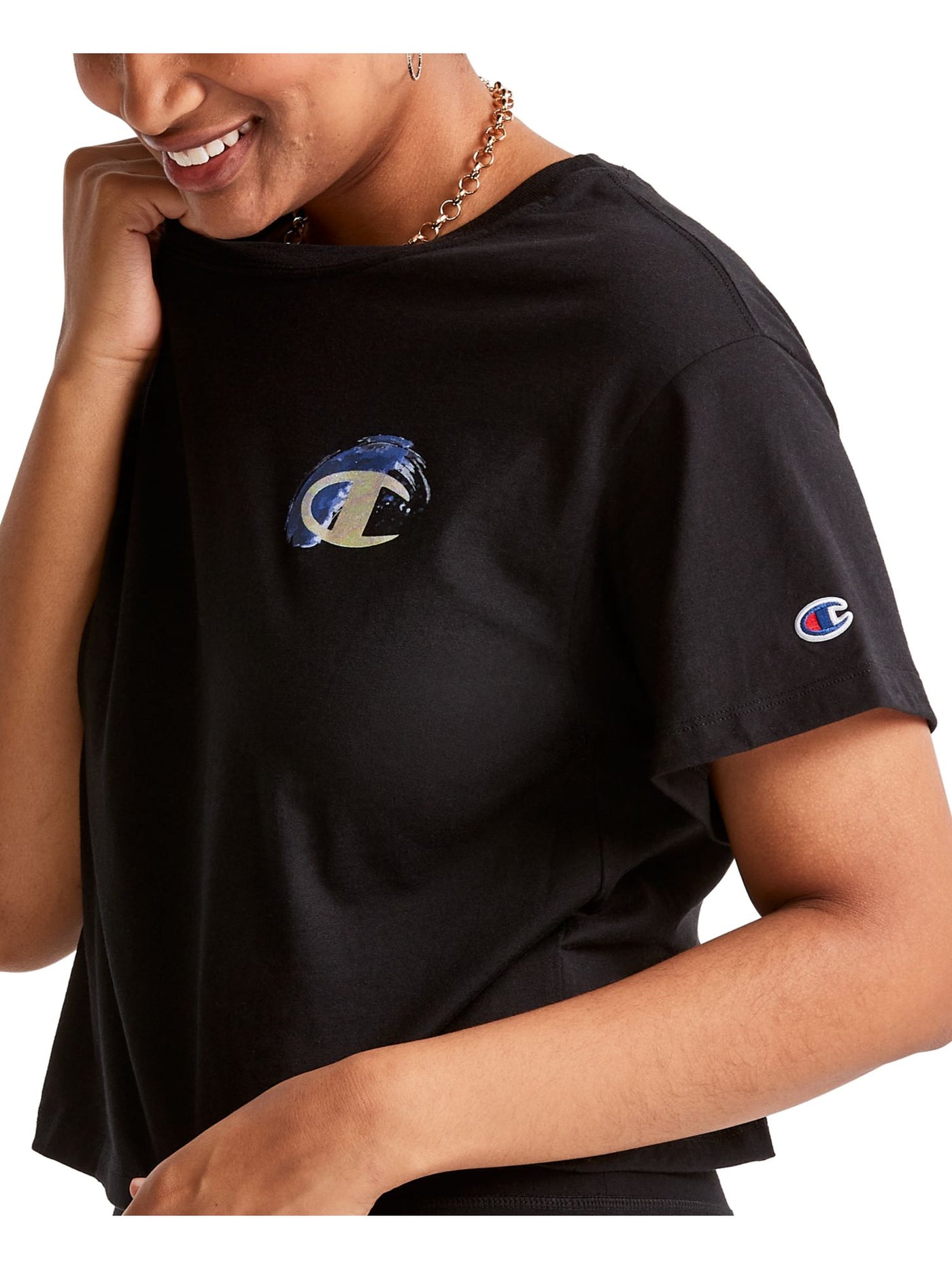 CHAMPION Womens Black Ribbed Cropped Logo Graphic Short Sleeve Crew Neck T-Shirt XS