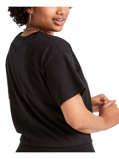 CHAMPION Womens Black Ribbed Cropped Logo Graphic Short Sleeve Crew Neck T-Shirt XS