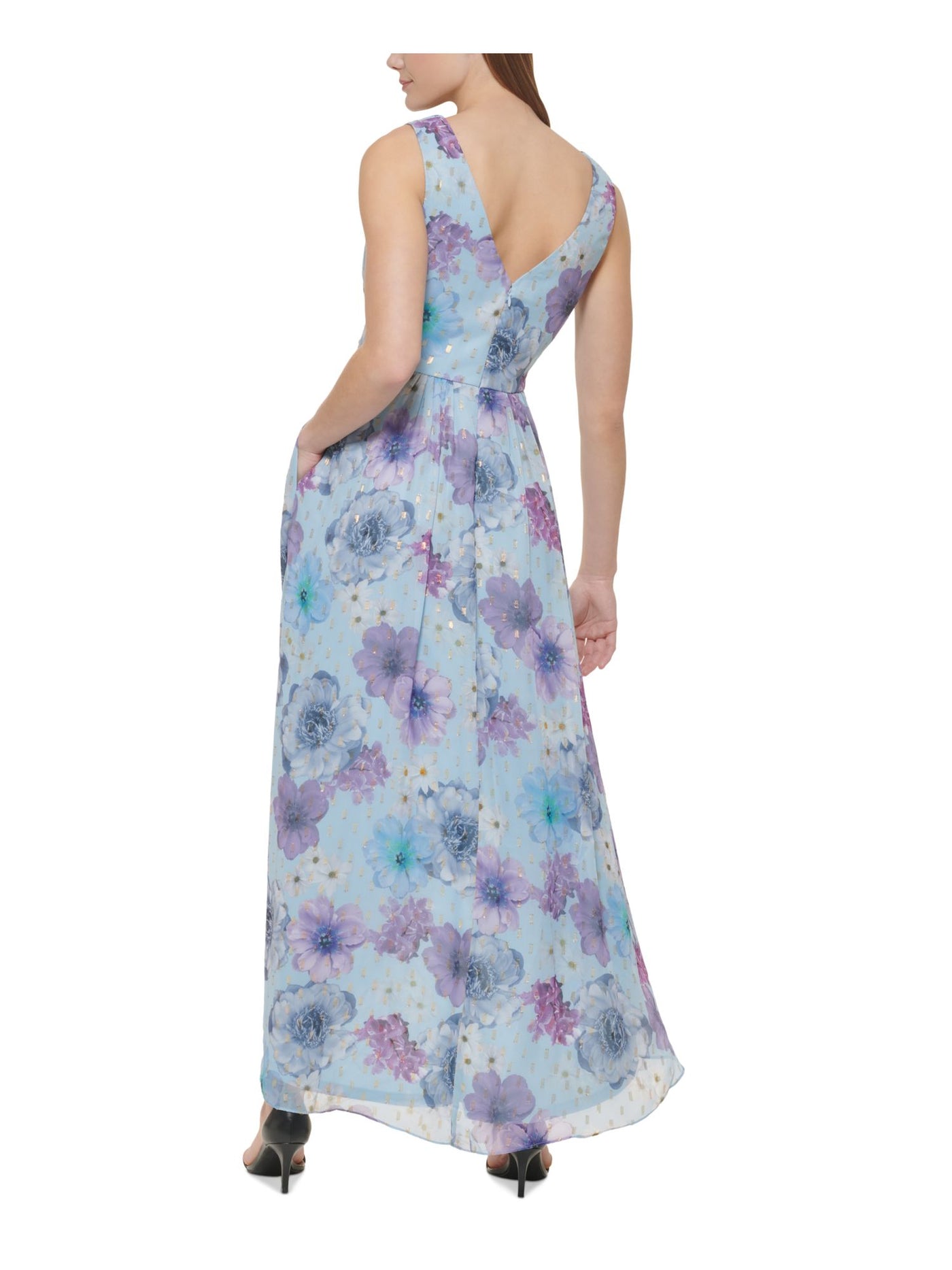 JESSICA HOWARD Womens Light Blue Zippered Pleated V Back Lined Floral Sleeveless V Neck Maxi Hi-Lo Dress Petites 12P