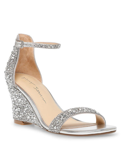 BETSEY JOHNSON Womens Silver Ankle Strap Rhinestone Debie Round Toe Wedge Buckle Dress Heeled Sandal 5 M