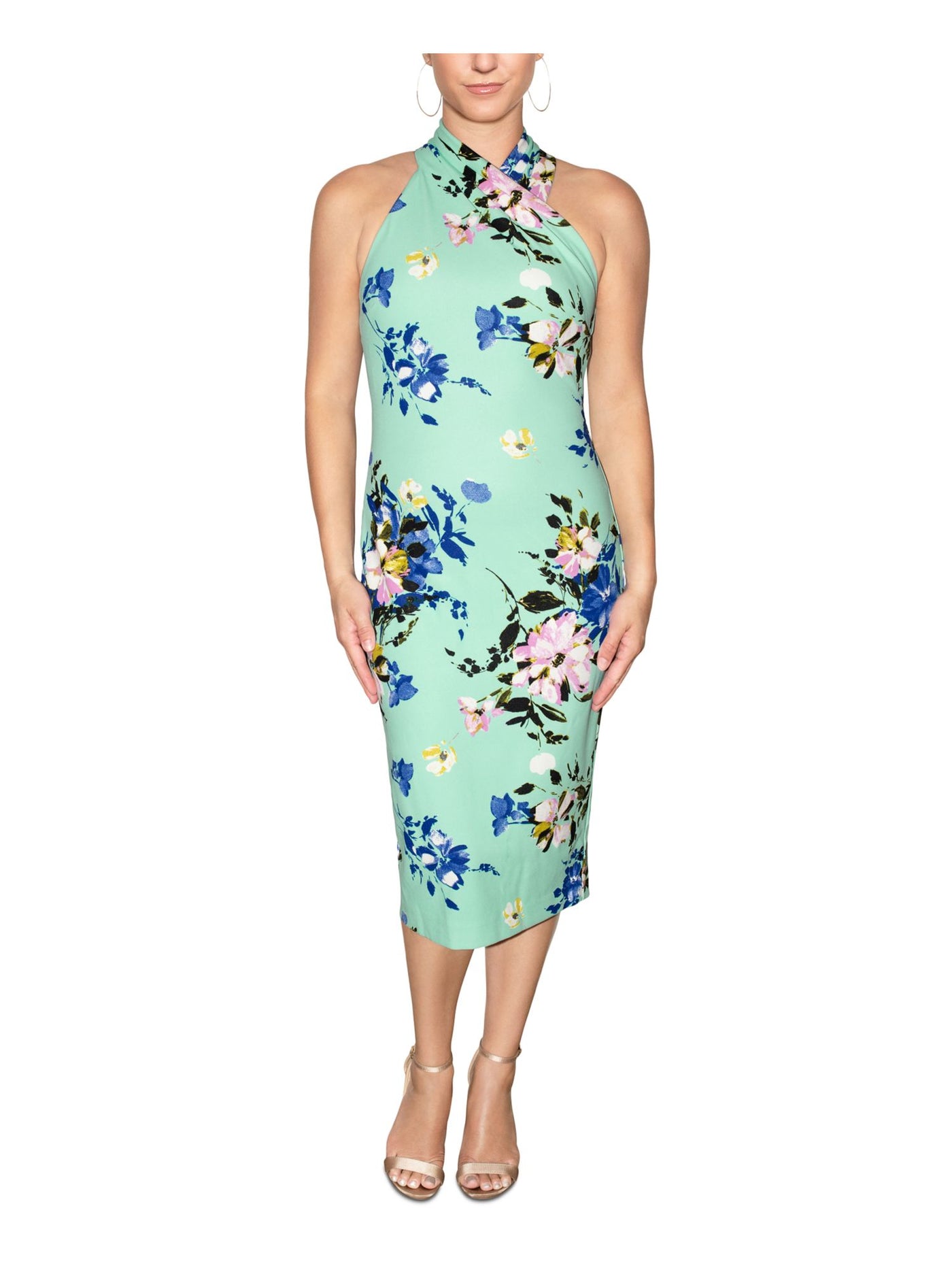 aqua pleated floral dress Rachel Rachel ROY Womens Aqua Zippered Pleated Crossover Mock Neck Slit Back Floral Sleeveless Midi Party Sheath Dress