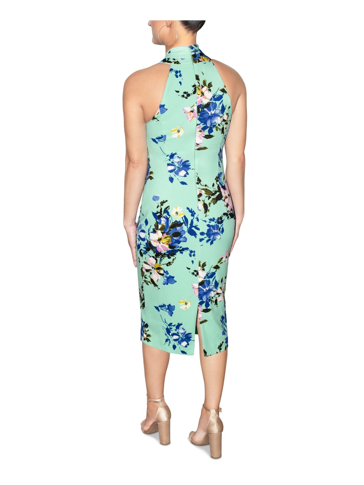 RACHEL RACHEL ROY Womens Aqua Zippered Pleated Crossover Mock Neck Slit Back Floral Sleeveless Midi Party Sheath Dress XXL