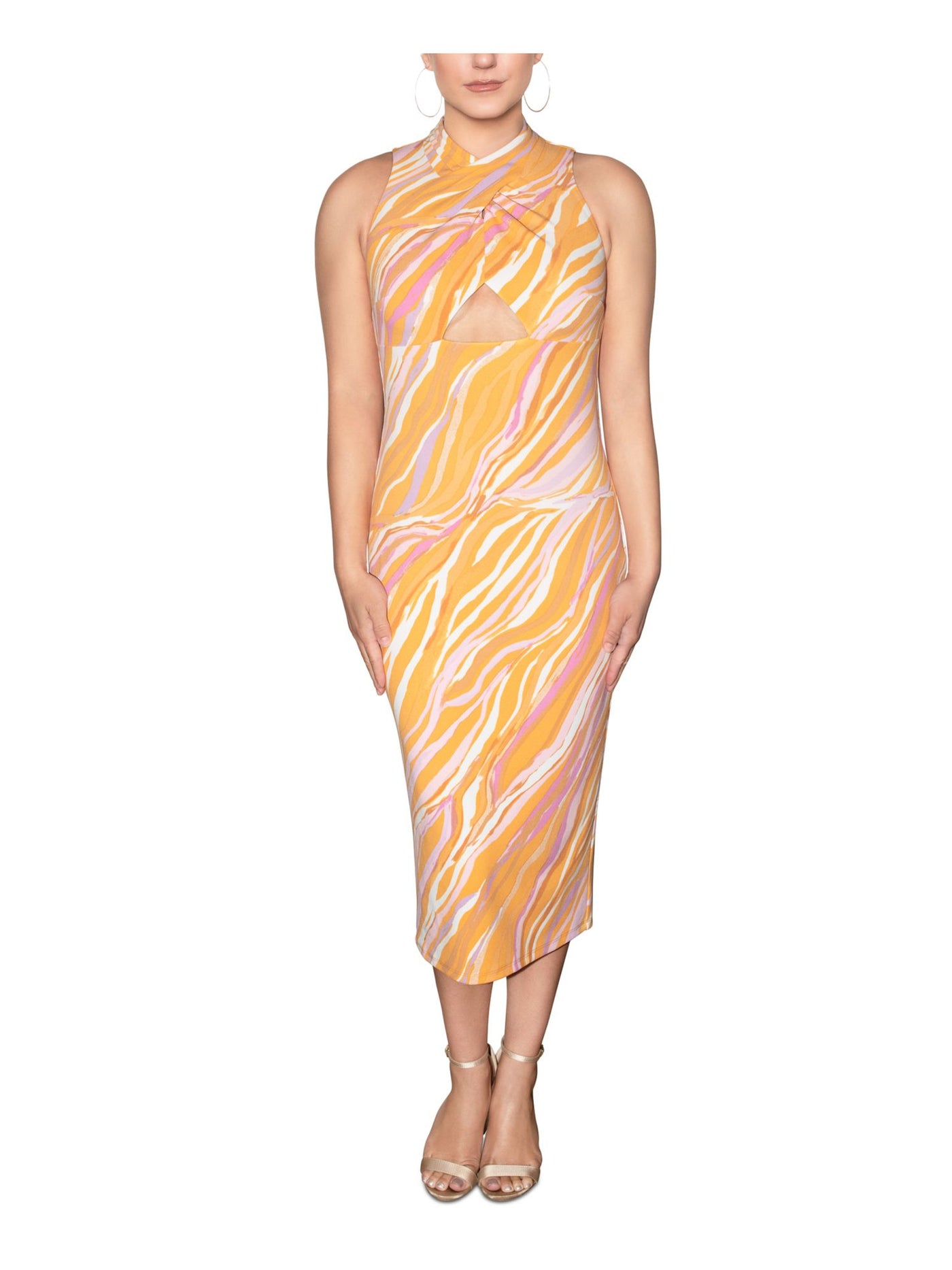 RACHEL RACHEL ROY Womens Orange Zippered Cut Out Pleated Crossover Printed Sleeveless Mock Neck Midi Evening Sheath Dress L