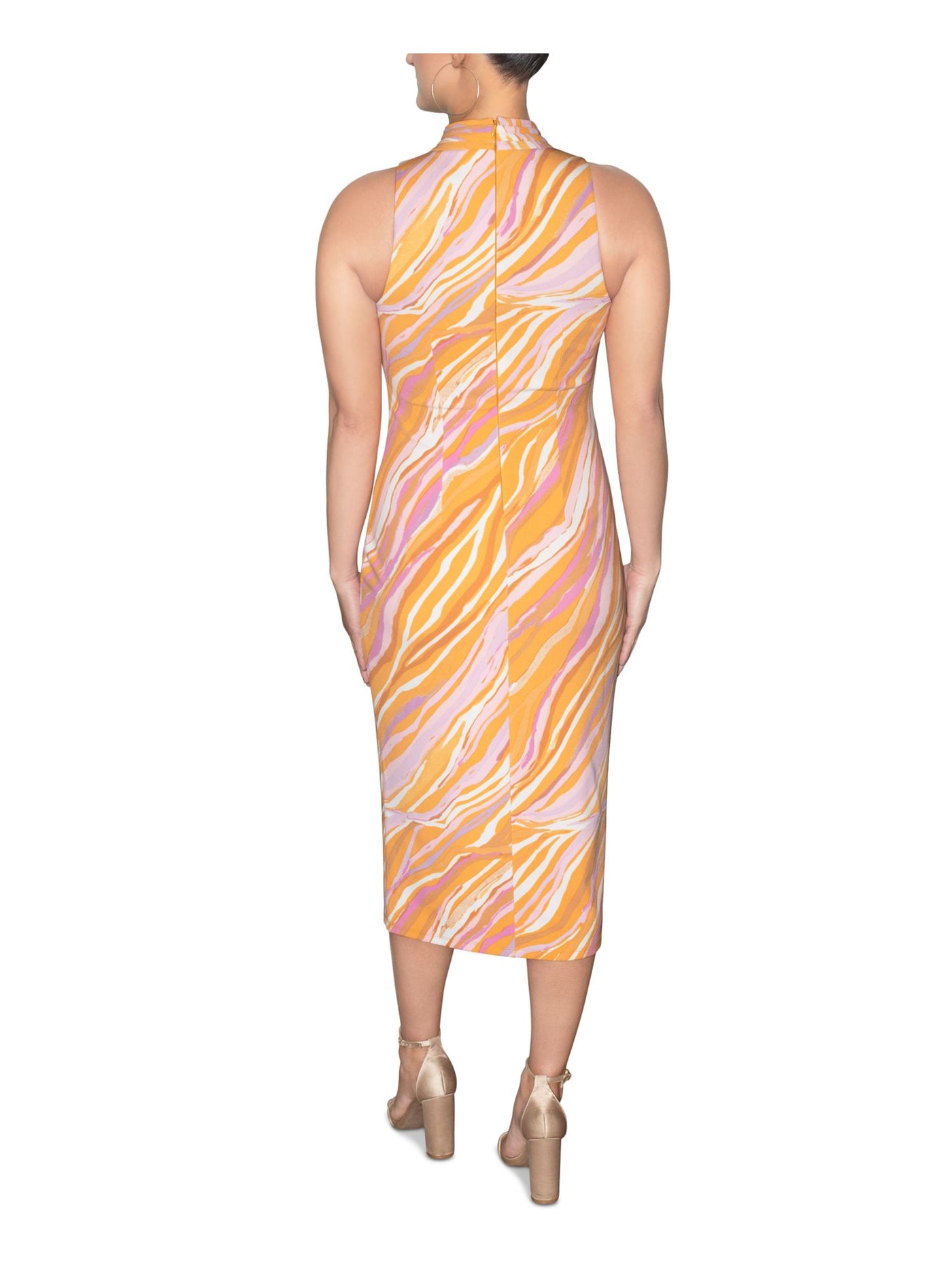 RACHEL RACHEL ROY Womens Orange Zippered Cut Out Pleated Crossover Printed Sleeveless Mock Neck Midi Evening Sheath Dress S