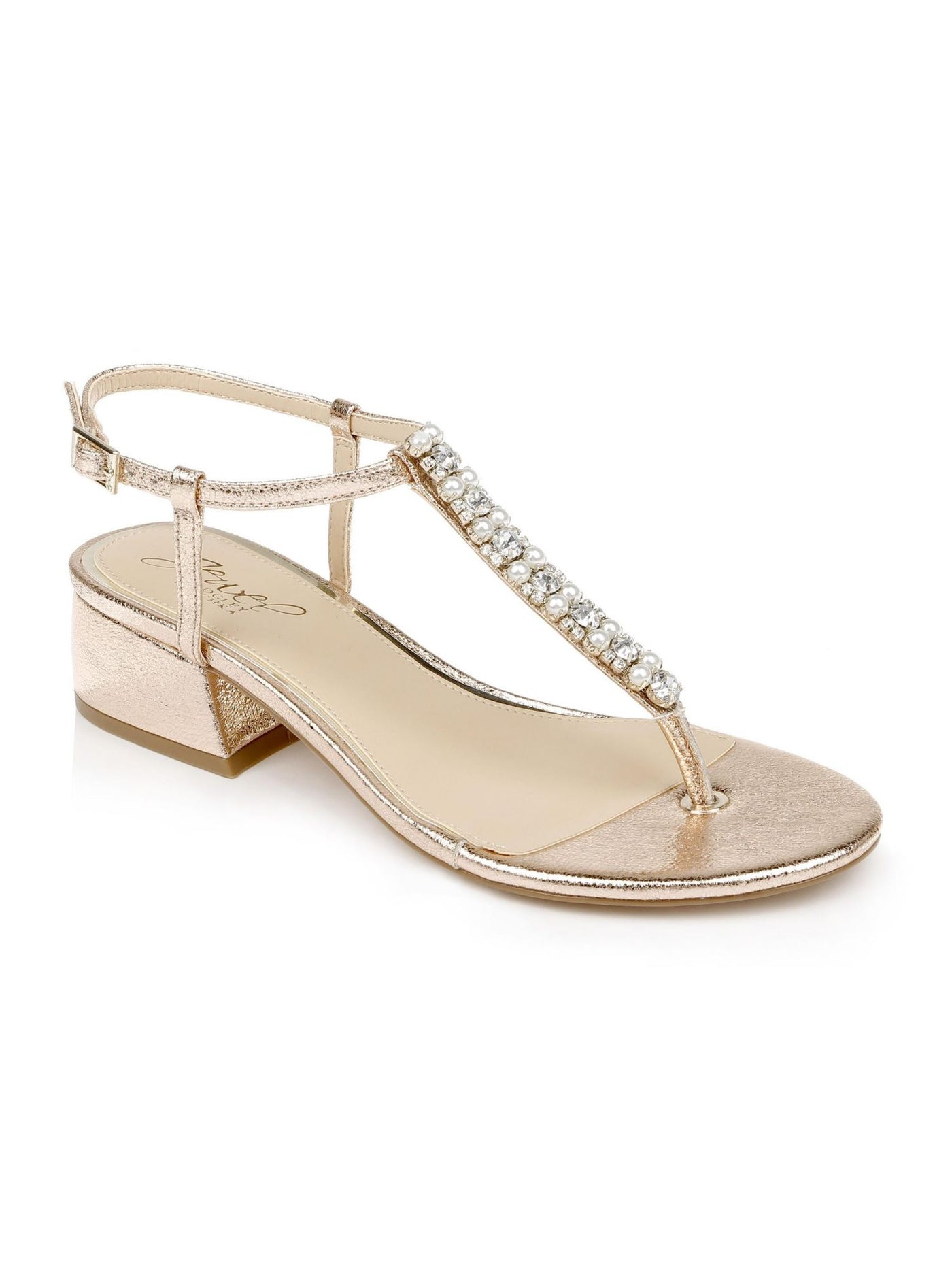 JEWEL BADGLEY MISCHKA Womens Gold Embellished T-Strap Dasha Round Toe Block Heel Buckle Dress Thong Sandals Shoes 7 M