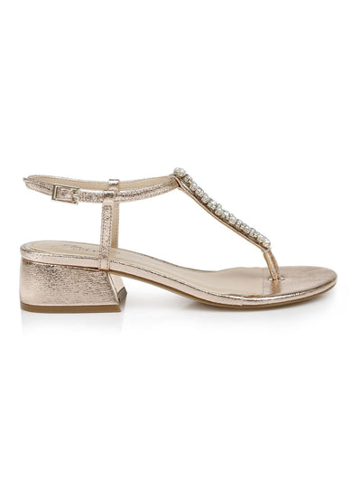 JEWEL BADGLEY MISCHKA Womens Gold Embellished T-Strap Dasha Round Toe Block Heel Buckle Dress Thong Sandals Shoes 7 M