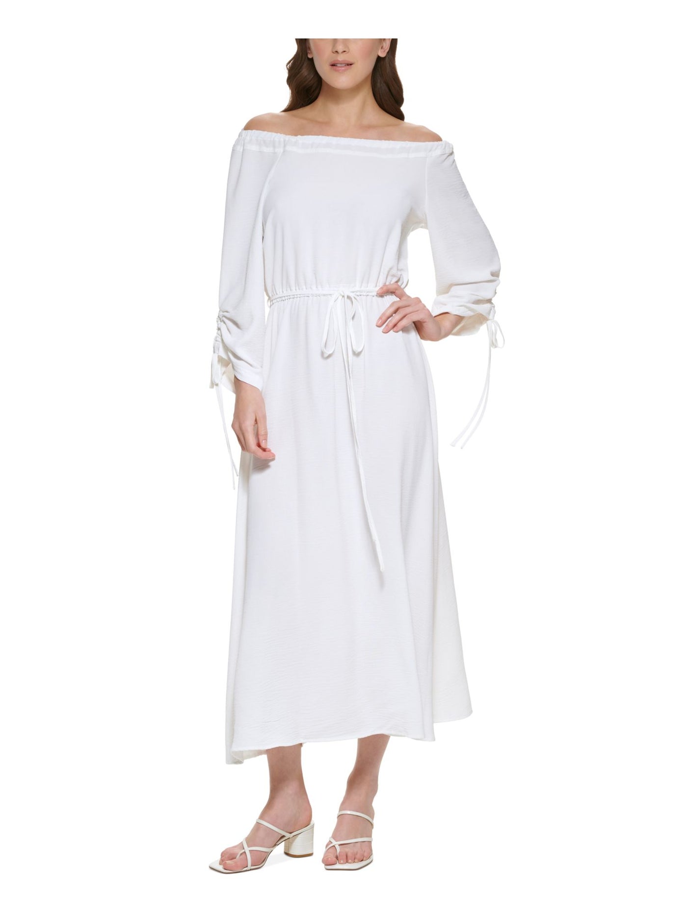 CALVIN KLEIN Womens White Ruched Sheer Tie Lined 3/4 Sleeve Off Shoulder Maxi Fit + Flare Dress 8