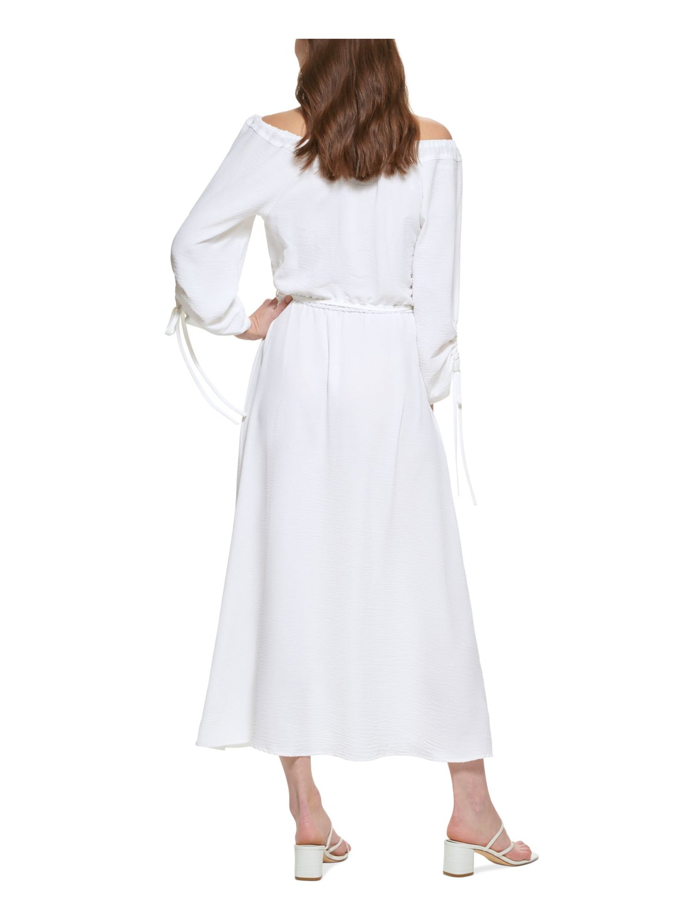 CALVIN KLEIN Womens White Ruched Sheer Tie Lined 3/4 Sleeve Off Shoulder Maxi Fit + Flare Dress 6