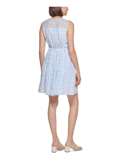 CALVIN KLEIN Womens Light Blue Sheer Lined Self Tie Waist Keyhole Bac Gingham Sleeveless Round Neck Above The Knee Shift Dress 16