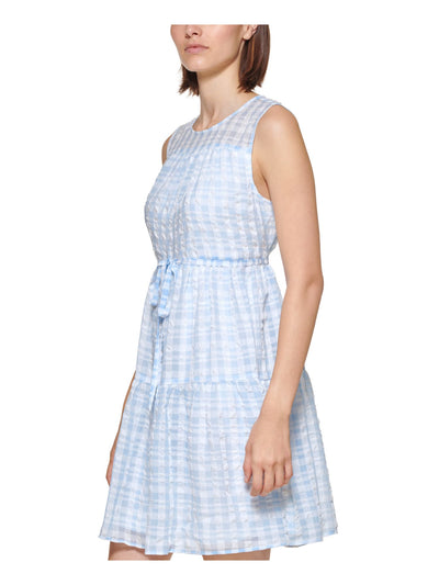 CALVIN KLEIN Womens Light Blue Sheer Lined Self Tie Waist Keyhole Bac Gingham Sleeveless Round Neck Above The Knee Shift Dress 16