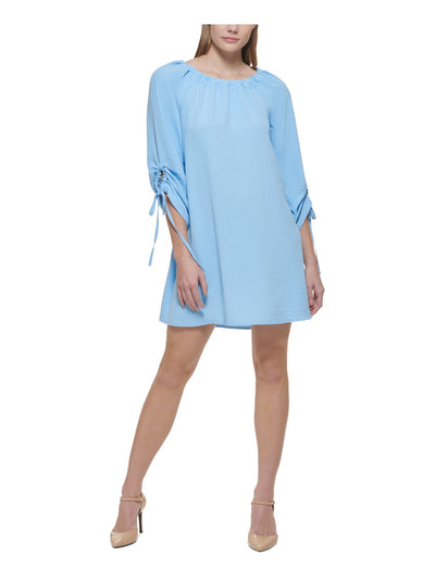 CALVIN KLEIN Womens Blue Ruched Tie Pullover Unlined 3/4 Sleeve Boat Neck Short Shift Dress 10