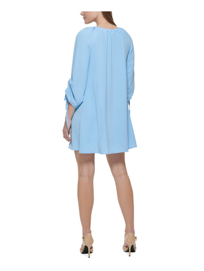 CALVIN KLEIN Womens Blue Ruched Tie Pullover Unlined 3/4 Sleeve Boat Neck Short Shift Dress 4