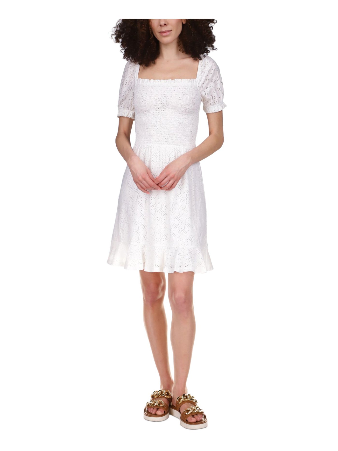 Michael Kors Womens White Eyelet Smocked Peasant Dress Pullover Ruffled Pouf Sleeve Square Neck Above The Knee Dress P\L Michael Kors Womens White Eyelet Smocked Peasant Dress Pullover Ruffled Pouf Sleeve Square Neck Above The Knee Dress P\L