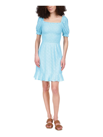 MICHAEL KORS Womens Aqua Smocked Eyelet Peasant Dress Ruffled Logo Plate Pouf Sleeve Square Neck Above The Knee Dress XS