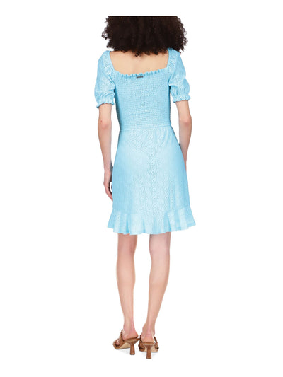 MICHAEL KORS Womens Aqua Smocked Eyelet Peasant Dress Ruffled Logo Plate Pouf Sleeve Square Neck Above The Knee Dress XL