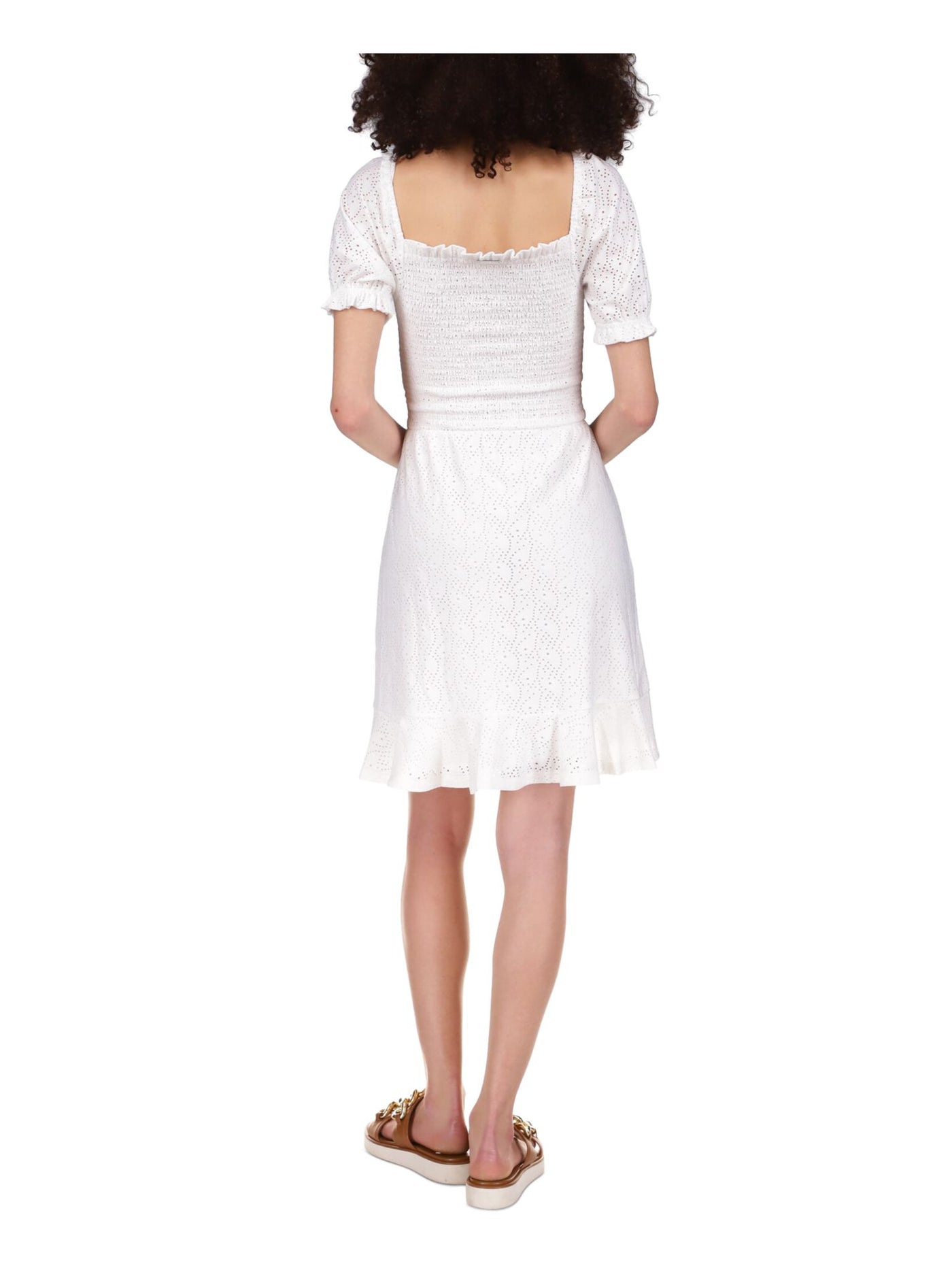 MICHAEL MICHAEL KORS Womens White Smocked Eyelet Peasant Dress Ruffled Logo Plate Pouf Sleeve Square Neck Above The Knee Dress L