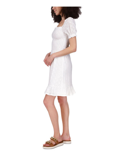 MICHAEL KORS Womens White Smocked Eyelet Peasant Dress Ruffled Logo Plate Pouf Sleeve Square Neck Above The Knee Dress XL