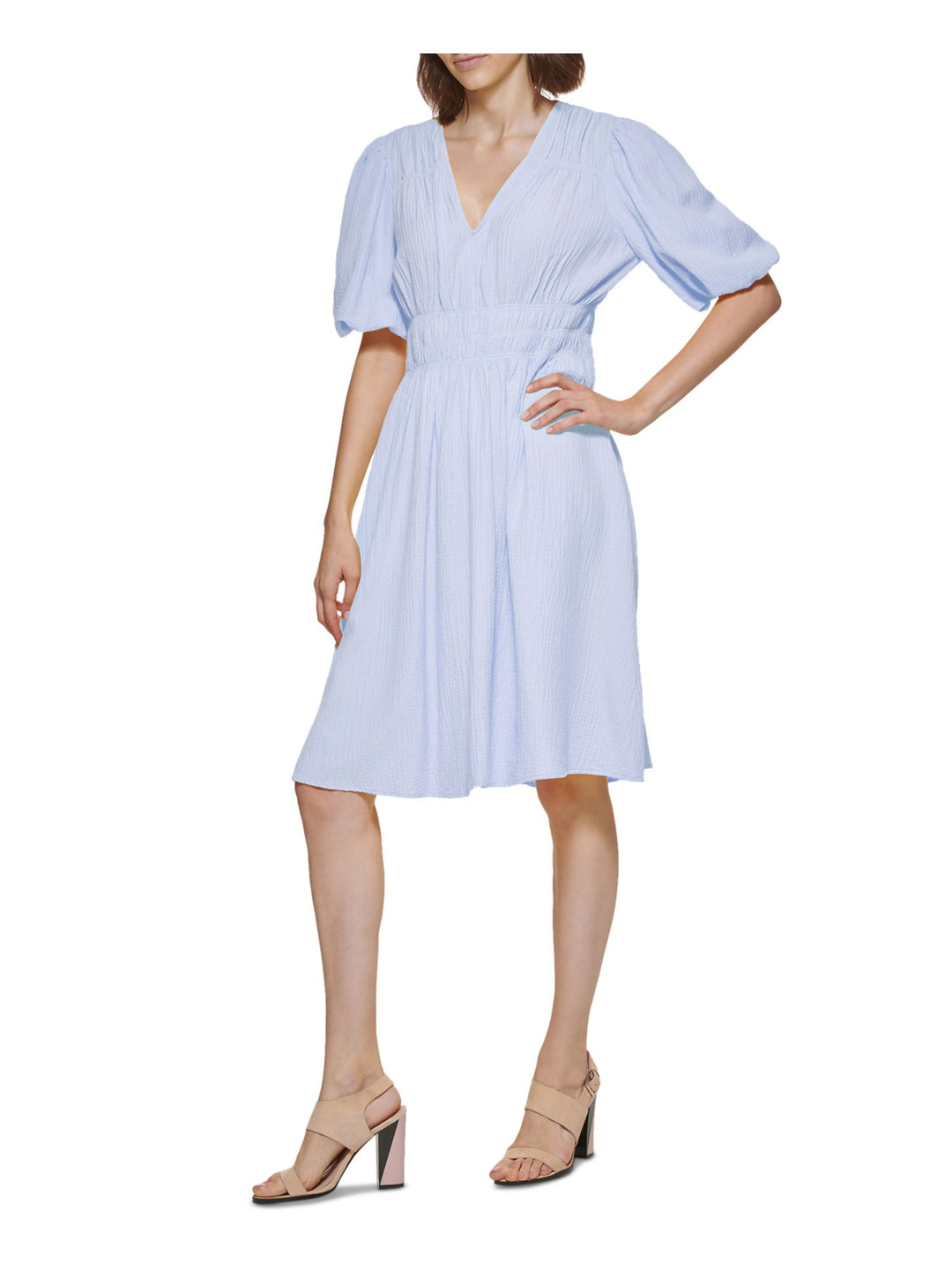 Calvin Klein Womens Textured Pouf Sleeve V Neck Above The Knee Wear To Work Fit + Flare Dress 12 / Light Blue