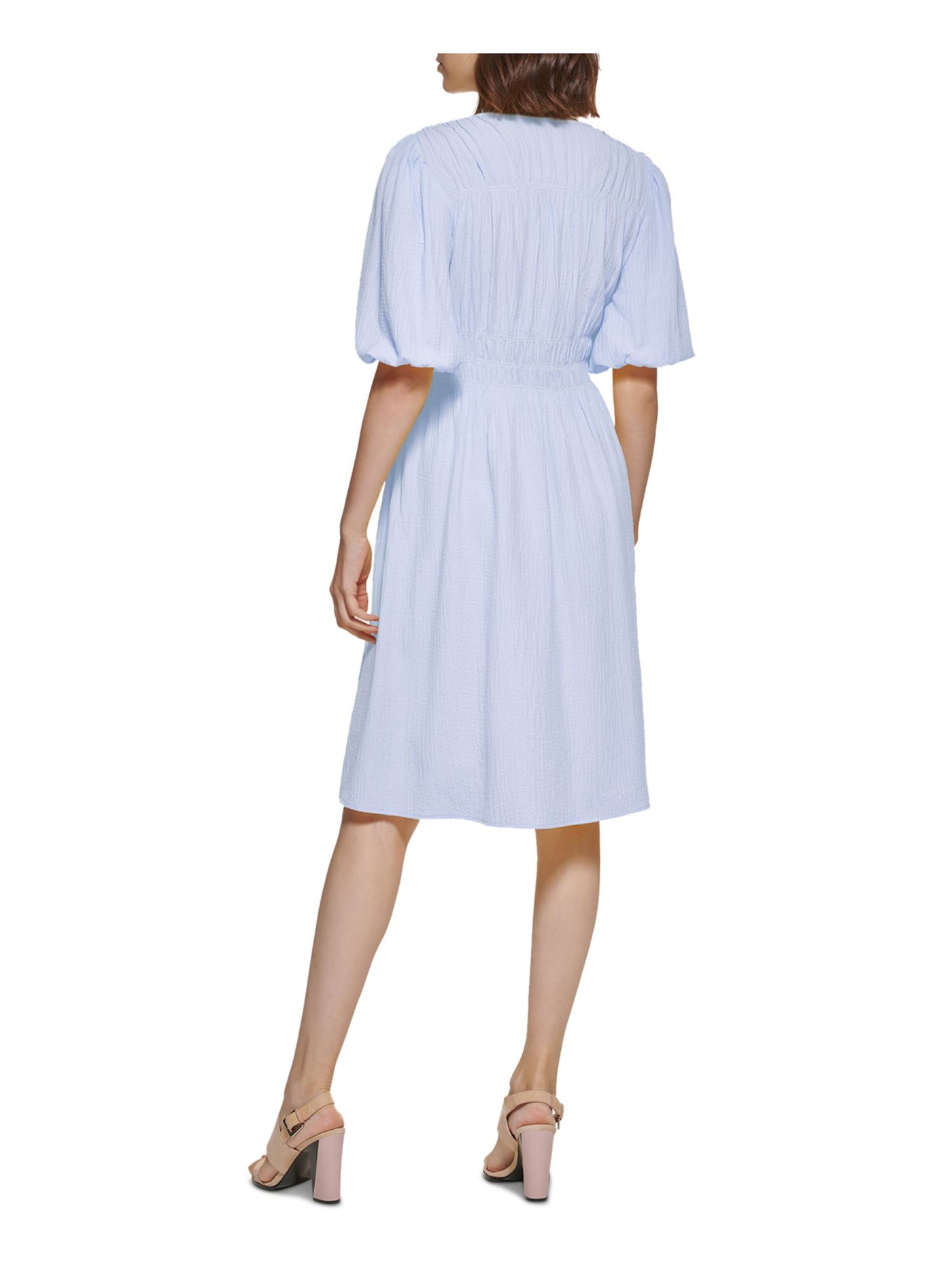 CALVIN KLEIN Womens Light Blue Textured Pullover Pouf Sleeve V Neck Above The Knee Wear To Work Fit + Flare Dress 8