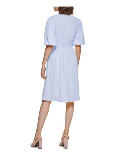 CALVIN KLEIN Womens Light Blue Textured Pullover Pouf Sleeve V Neck Above The Knee Wear To Work Fit + Flare Dress 16