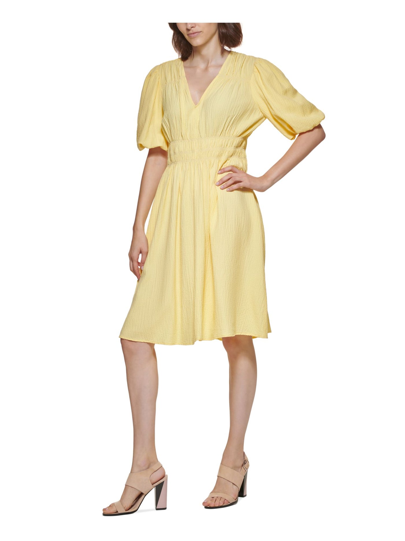 CALVIN KLEIN Womens Yellow Textured Pullover Pouf Sleeve V Neck Above The Knee Wear To Work Fit + Flare Dress 10