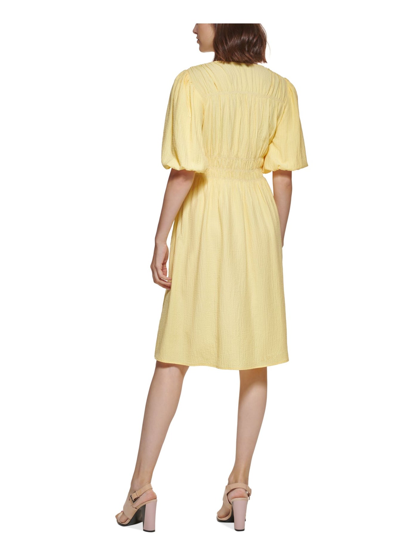 CALVIN KLEIN Womens Yellow Textured Pullover Pouf Sleeve V Neck Above The Knee Wear To Work Fit + Flare Dress 10