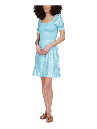 MICHAEL MICHAEL KORS Womens Turquoise Smocked Ruffled Drawstring Waist Short Sleeve Off Shoulder Midi Party Fit + Flare Dress L