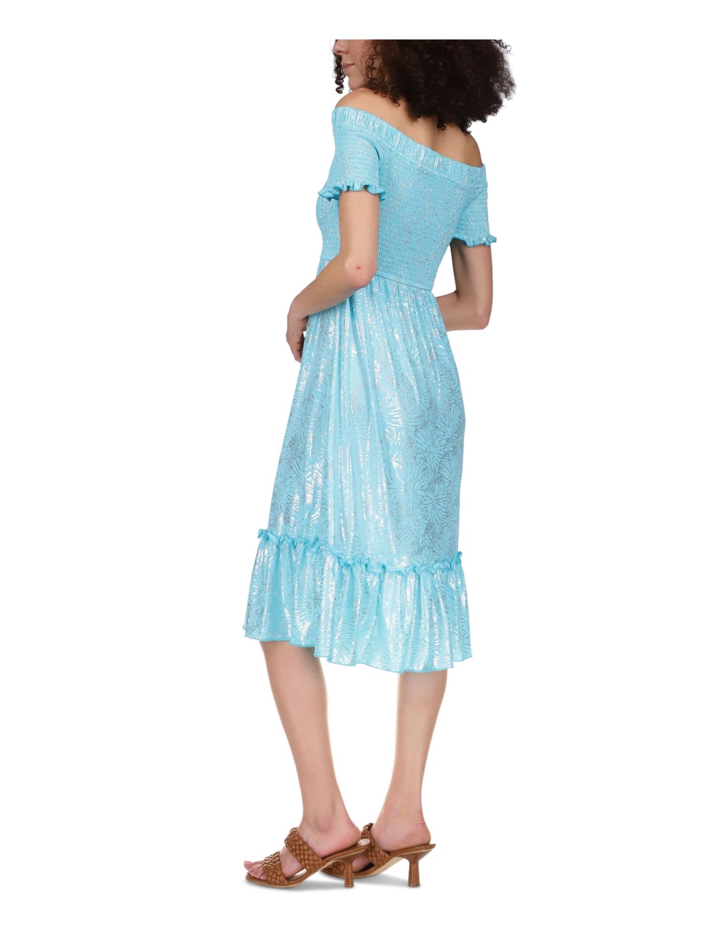 MICHAEL KORS Womens Aqua Smocked Ruffled Unlined Drawstring Waist Pullove Printed Flutter Sleeve Off Shoulder Midi A-Line Dress Petites P\M