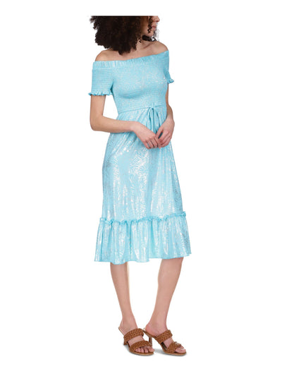 MICHAEL KORS Womens Turquoise Smocked Ruffled Drawstring Waist Short Sleeve Off Shoulder Midi Party Fit + Flare Dress M