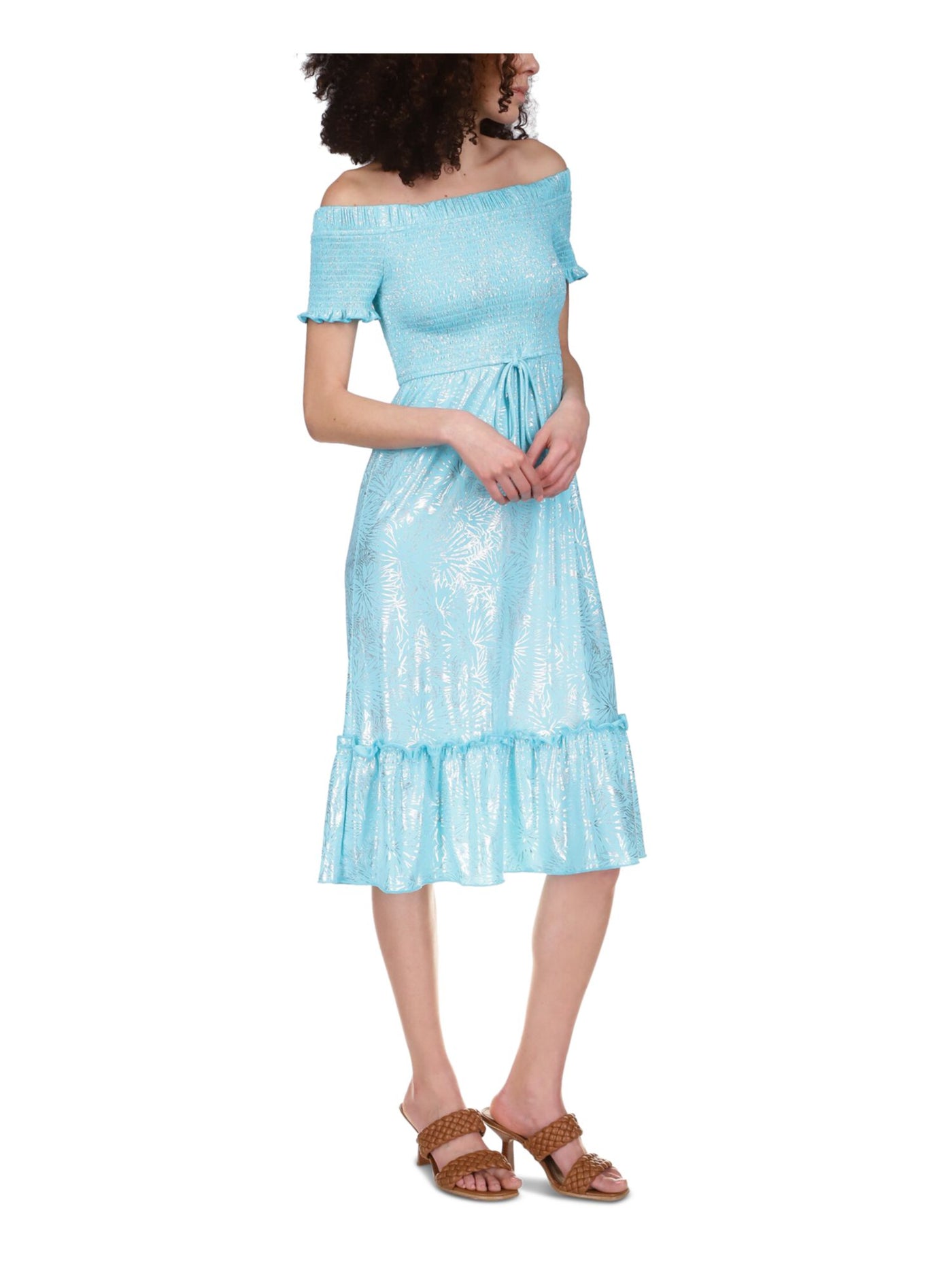 aqua smocked midi dress Aqua Womens Linen Blend Smocked Midi Dress - Blue Multi