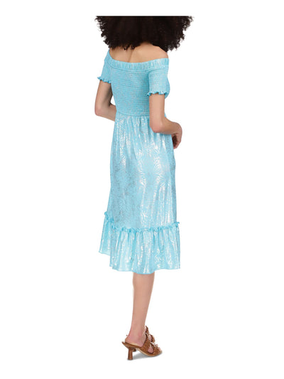 MICHAEL KORS Womens Turquoise Smocked Ruffled Drawstring Waist Short Sleeve Off Shoulder Midi Party Fit + Flare Dress XS