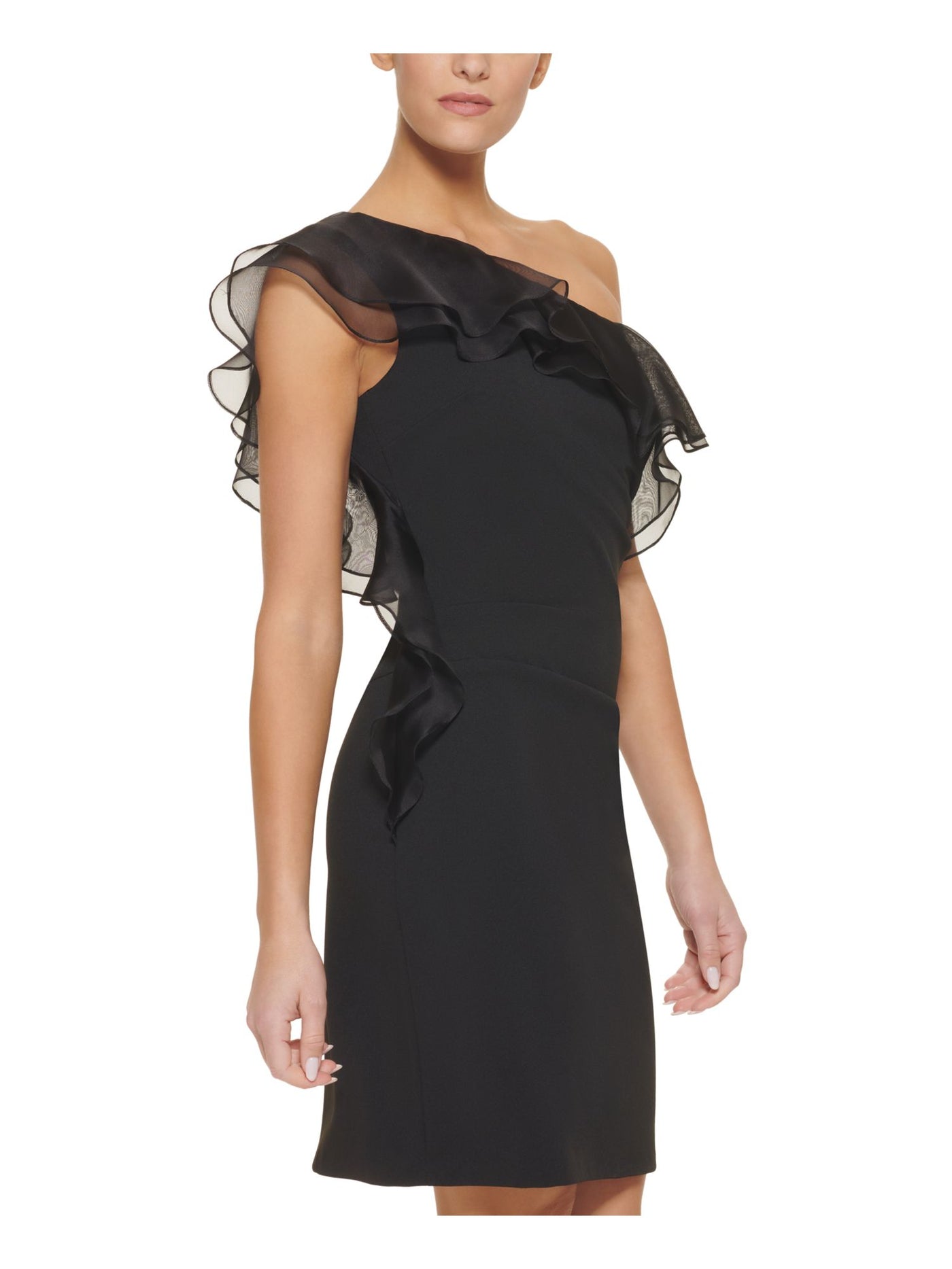 DKNY Womens Black Zippered Pleated Organza Ruffles Lined Sleeveless Asymmetrical Neckline Short Formal Sheath Dress 16